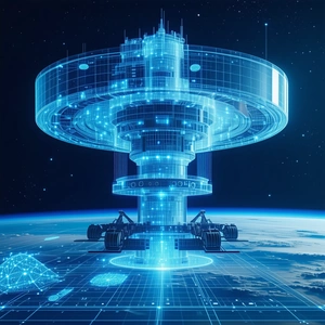 A Futuristic Space Station With A Large, Blue, And Glass-like Structure