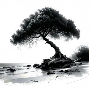 Nature Pencil Sketch: Ancient (tree:1.2) In Coastal Environment With Black White