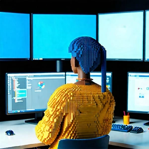 Business Voxel Art: Education professional using multiple monitors