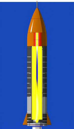 A Rocket Is Shown In A Blue Background, With A Yellow And Red Trail Behind It