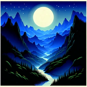 Nature Linocut Print: Valley During Night With Beautiful Mountain
