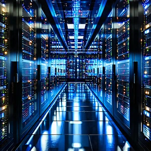 Tech Lithograph: Server rack with data streams