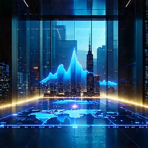 Financial Technology In Research Center With Futuristic Cityscape