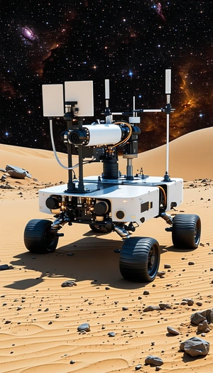 A White Robotic Vehicle With Four Wheels, Sitting On A Sandy Surface