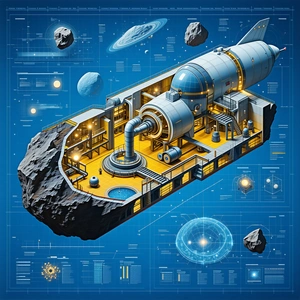 A Large Spacecraft Is Shown In A Blue And Yellow Color Scheme