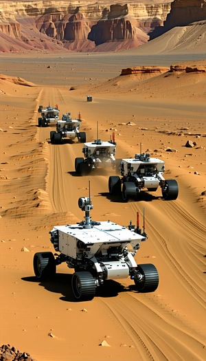 A Group Of Four White Robots Driving Down A Sandy Road