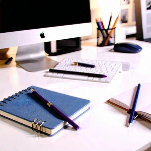 Business Octane Render: Workplace with notebooks and pens on desk