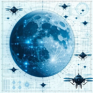 A Blue And White Moon With A Few Spaceships Flying Around It