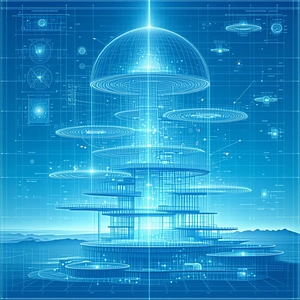 The Image Is A Futuristic, Blue-toned Drawing Of A Large