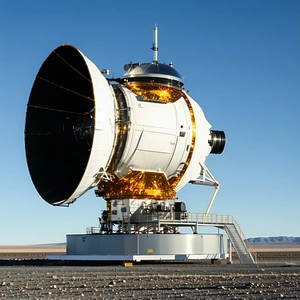 A Large White Satellite Dish, Which Is Situated On A Concrete Platform
