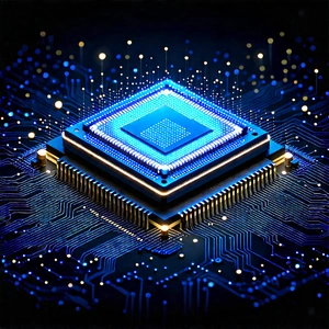 Microchip With Digital Particles With Blue Square