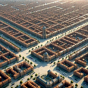 Urban Vector Art: Aerial View Of Urban Renewal Area With Large, Detailed
