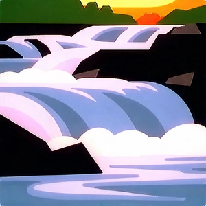 Nature Diagram Style: Rushing River Surrounded By Rocky Shores With Large Waterfall