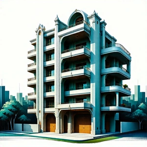 Urban Woodcut Print: Modern Apartment Complex With Ornate Details With Drawing Large,