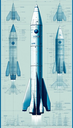 A Blue Rocket Ship Is Shown In A Series Of Blueprints, With Each Section Labeled