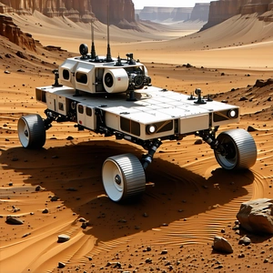 A White Robotic Vehicle Is Driving Across A Desert Landscape
