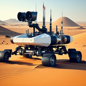 A Large, Futuristic Vehicle Is Parked In A Desert-like Environment