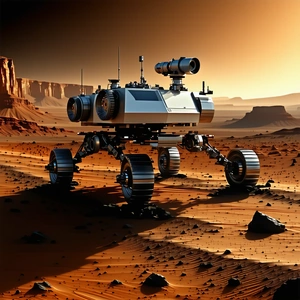 A Futuristic Robotic Vehicle, Possibly A Rover, Driving Across A Rocky Terrain