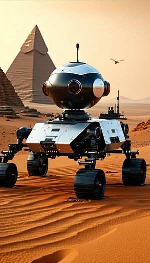 A Futuristic Robotic Vehicle With A Large Dome On Top, Sitting In A Desert-like Environment