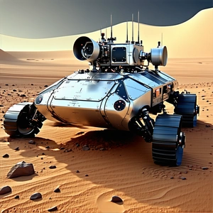 A Futuristic Robot Is Sitting In The Middle Of A Desert