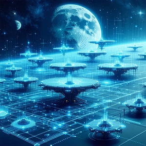 In This Image, There Is A Large Group Of Small, Blue, And White Structures Floating In The Air