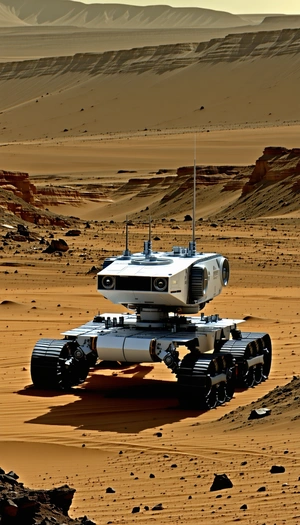 A White Robotic Vehicle, Possibly A Rover, Sitting On A Dirt Surface In A Desert-like Environment
