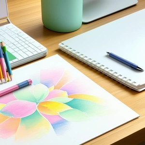 Business Pastel Drawing: Workplace with modern office supplies on desk