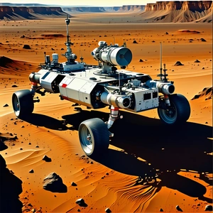A Futuristic Vehicle, Possibly A Spacecraft Or A Rover, Parked On A Dirt Surface