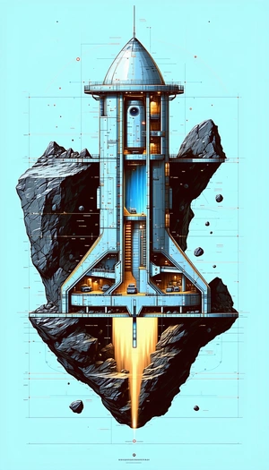 A Large, Futuristic Space Station Is Shown In A Blue And White Drawing