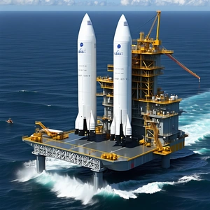 A Large White Space Shuttle Docked On A Floating Platform In The Ocean