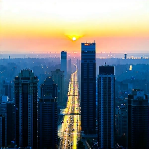 Urban Editorial Photography: Cityscape Of Urban Skyline During Sunrise With City Street