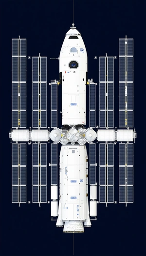 A Large Spacecraft With A White And Blue Color Scheme