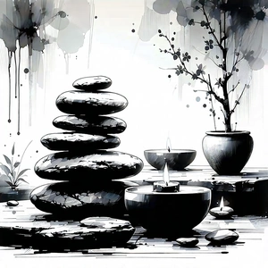 Lifestyle Ink Drawing: Wellness Scene With Aromatherapy With Table Variety