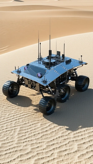 A Futuristic-looking Vehicle, Possibly A Tank Or A Robot, Sitting On A Sandy Surface