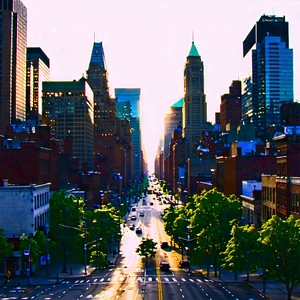 Urban Professional Photography: Cityscape Of Downtown District During (sunset:1.38) With Computer-generated (cgi)