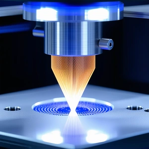 A Blue Laser Is Cutting Through A Piece Of Plastic, Creating A Hole In The Middle