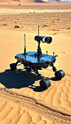 A Robotic Vehicle With A Camera On Top, Driving Across A Sandy Terrain