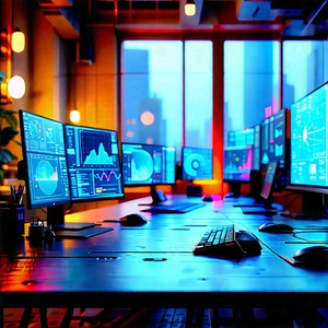 Futuristic Digital Workspace With Image, There