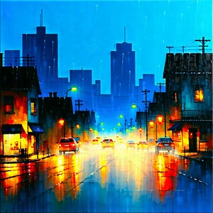 Urban Acrylic Painting: Cityscape of small town during rainy evening