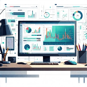 Business Technical Illustration: Workplace With Digital Devices On Desk With Computer Monitor