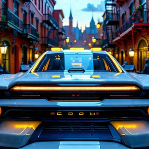 Urban Digital Art: City Rideshare In Historic Quarter With White Driving