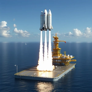 A Large Space Shuttle Launching From A Floating Platform In The Ocean