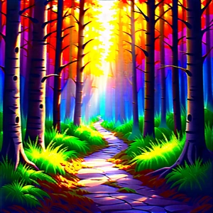 Nature Pastel Drawing: Path Through Dense (forest:1.4) With Sunny Forest,