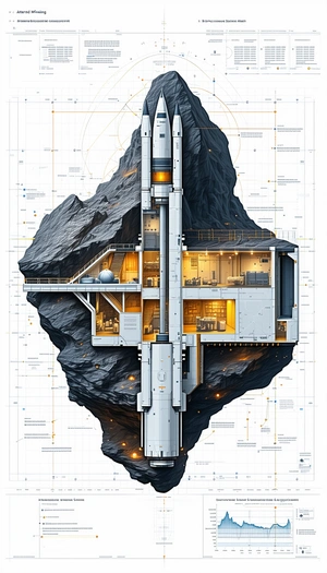 A Futuristic House Is Depicted In A Drawing, With A Large Rock In The Foreground