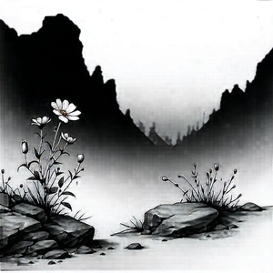 Nature Charcoal Drawing: Wildflowers In Rocky Terrain With Beautiful White