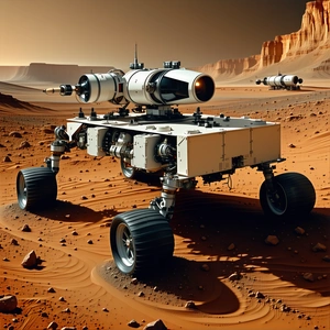 A Large Robotic Vehicle With A Telescope On Its Back, Driving Across A Rocky Terrain