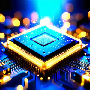 Tech Digital Art: Microchip With Digital Particles With Close-up Computer