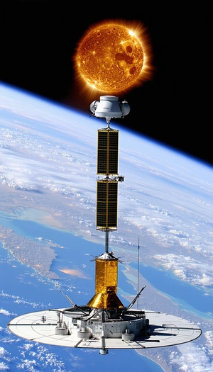 A Large Satellite Is Floating In The Sky, With A Sun Shining Brightly In The Background