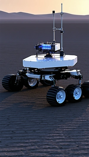 A Large White Robotic Vehicle With Four Wheels, Sitting On A Dirt Field