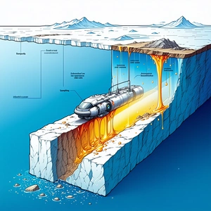 A Submarine Is Shown In A Cartoon Drawing, Traveling Through A Frozen Area